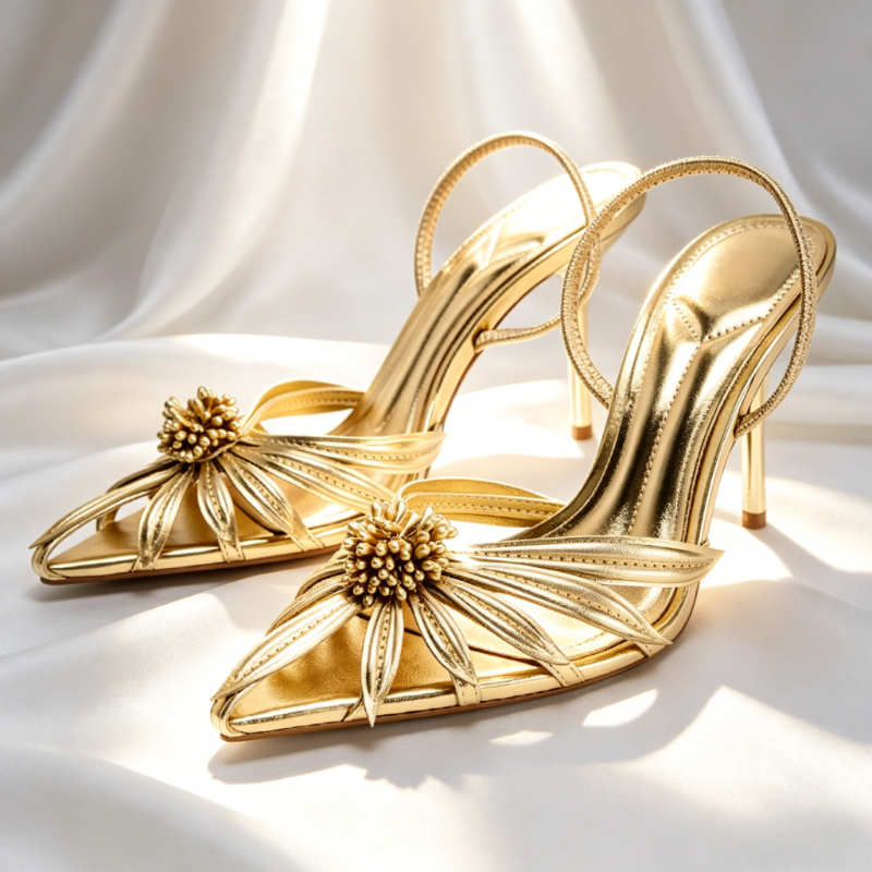 Women Shoes Formal - Luxury Gold Floral Detail Slingback Heels