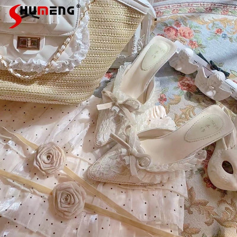 New Original Lace Trim Bow Poi - Court Heel Pointed ulasan dan harga