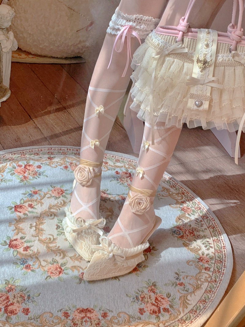 New Original Lace Trim Bow Poi - Court Heel Pointed ulasan dan harga